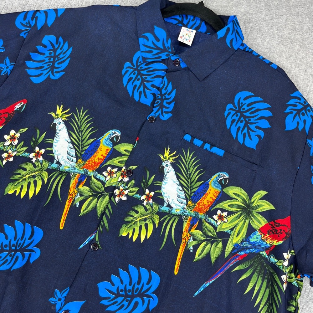 Hawaiian Aloha Shirt Men XL Blue Bird Parrot Tropical Monstera Leaf Terivoile